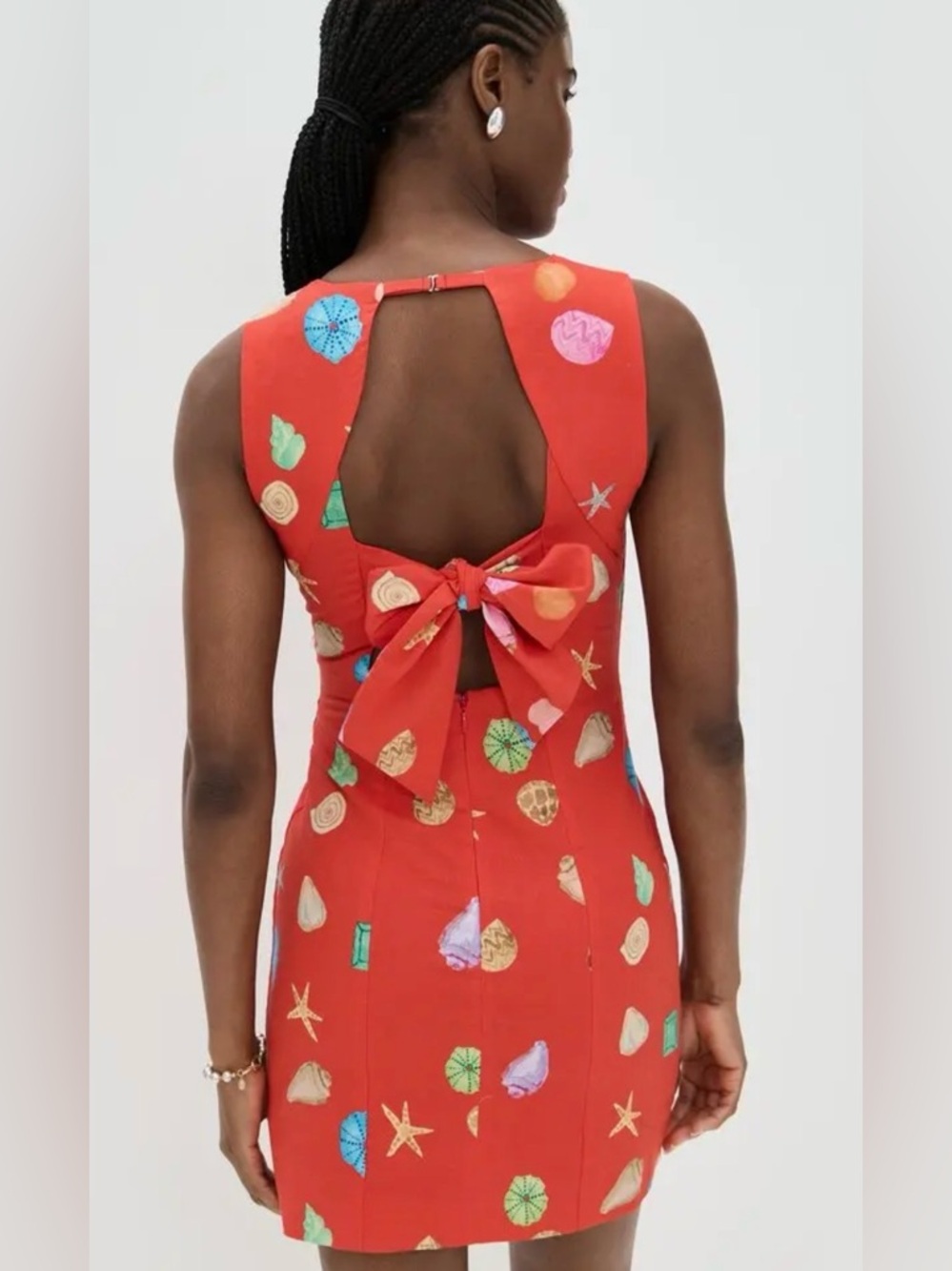 Never Fully Dressed Red Backless Mini Dress with Bow and Seashell Print